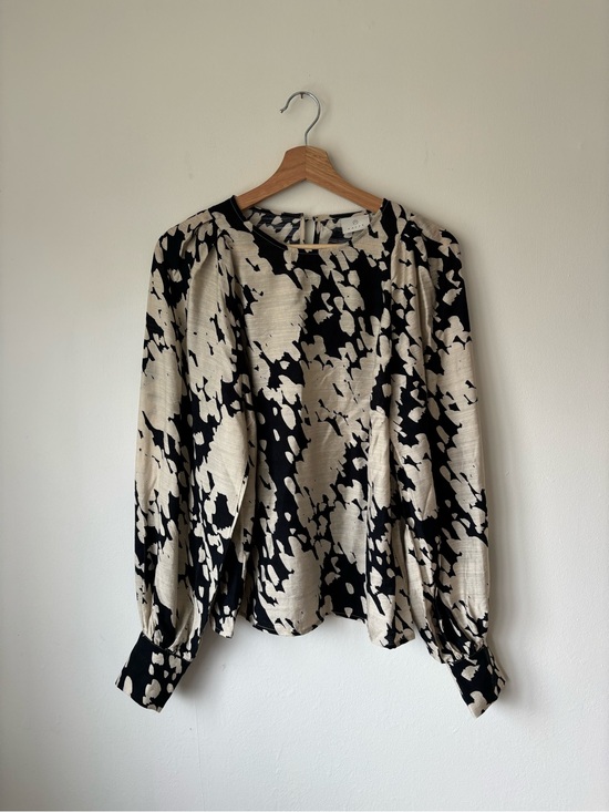 Kaffe Tops - Kaffe Scandinavian Designer Black and Cream Abstract Print Long-Sleeve Blouse